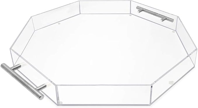 Isaac Jacobs 18x18 Clear Octagon Acrylic Serving Tray Silver Metal Handles | by IsaacJacobs