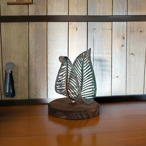 OwlGift Freestanding Modern Napkin Holder w/Golden Turquoise Metal Leaf & Brown - Image 5