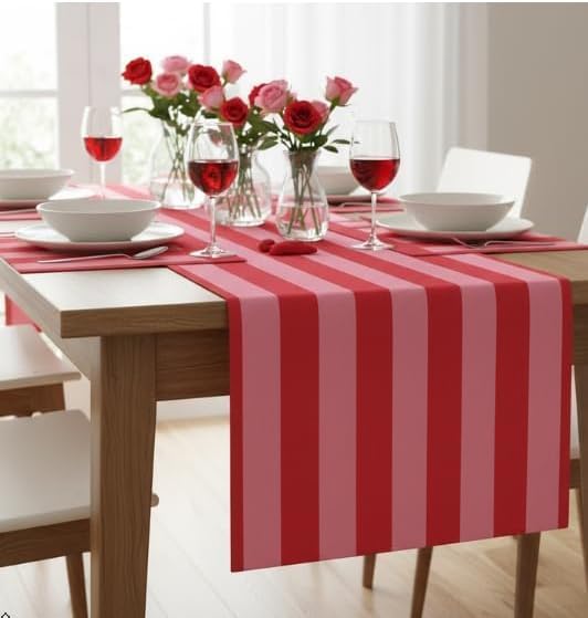 Folkulture Table Runner 108 inches Long | Vertical Striped Pink & Red Cute by FOLKULTURE