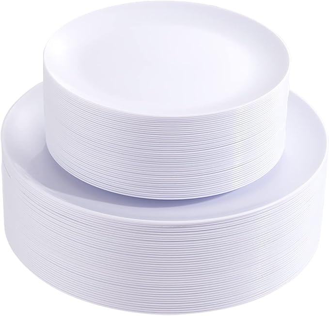 PULOTE 100PCS White Plastic Plates Disposable by PULOTEpartywareWesupplyproductsandyouenjoylife