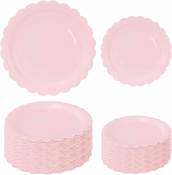 50 Pcs Light Pink Scalloped Paper Plates 25 × 7'' and 25 × 9'' Disposable Pink by FALIZIFU