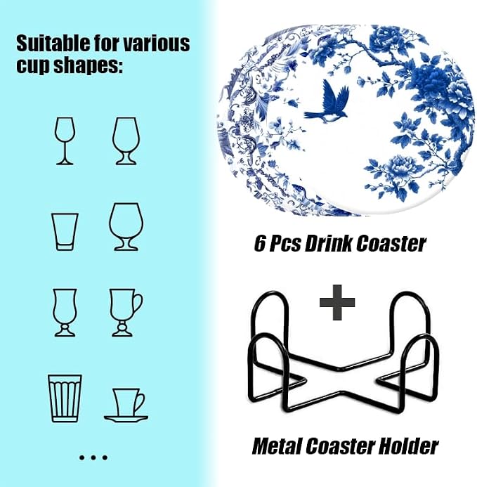 Absorbent Coasters for Drink Set of 6, Bule and White Coasters Cork Bases - Image 3
