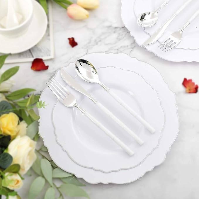 60pcs Silver Plastic Plates-Baroque White &Silver Plates - Image 2