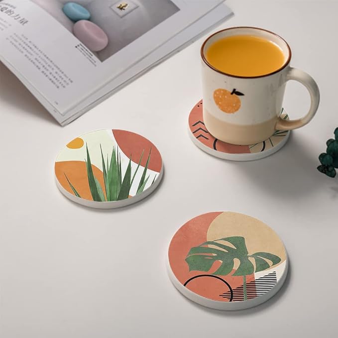HUXJOKO Coasters for Drinks Set of 6, Modern Boho Tropical Leaves Absorbent - Image 4