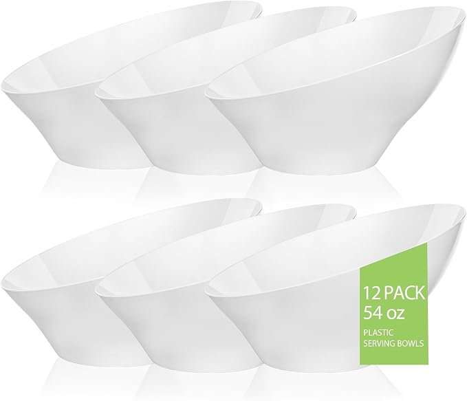 BESTVIP 54 Oz White Plastic Angled Serving Bowls, 12 Pack | Disposable Bowls by Bestvip