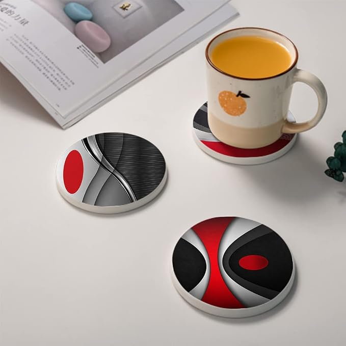 HUXJOKO Coasters for Drinks Set of 6, Modern Red Black Geometric Absorbent - Image 4