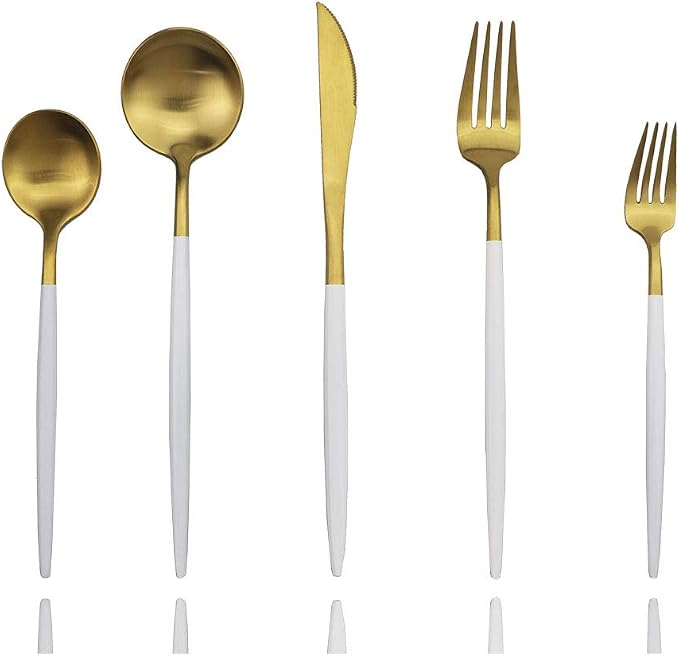 JASHII Luxury Wthie Gold Flatware, 5-piece Elegant Cute 18/10 Stainless Steel by JASHII