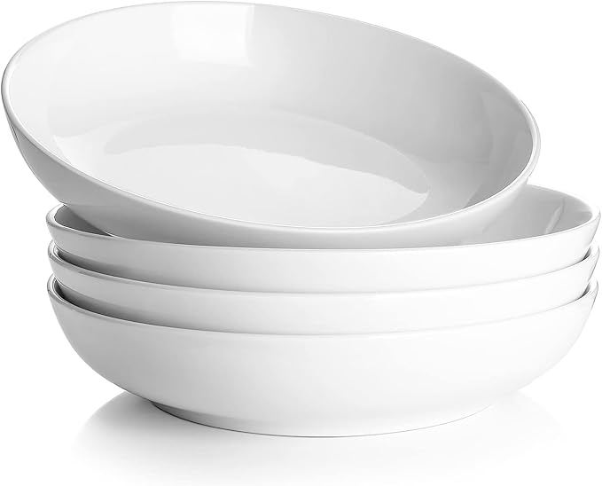 DOWAN 8.5" Pasta Bowls Set of 4, 30oz White Ceramic Shallow Dinner Bowls by DOWAN