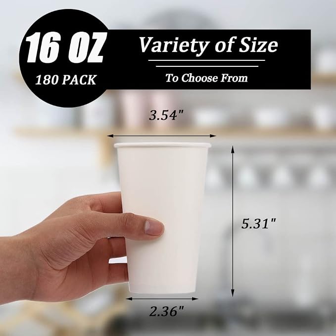 Lamosi 180 Pack16 oz Disposable Coffee Cups, 16oz White Paper Cups | Hot/Cold - Image 2