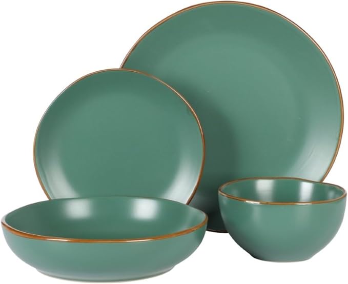 Gibson Home Hazeltine 16-Piece Green Stoneware Dinnerware Set – Plates and Bowls - Image 6