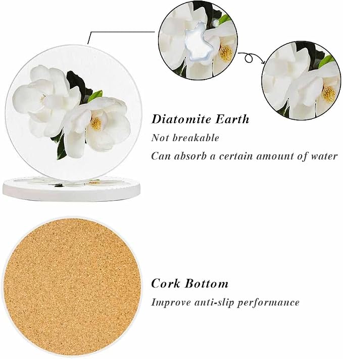 Magnolia Flower Ceramic Coasters Absorbent Drink Coasters Round Ceramic Table - Image 4