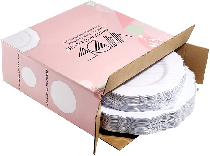 60pcs Silver Plastic Plates-Baroque White &Silver Plates - Image 5