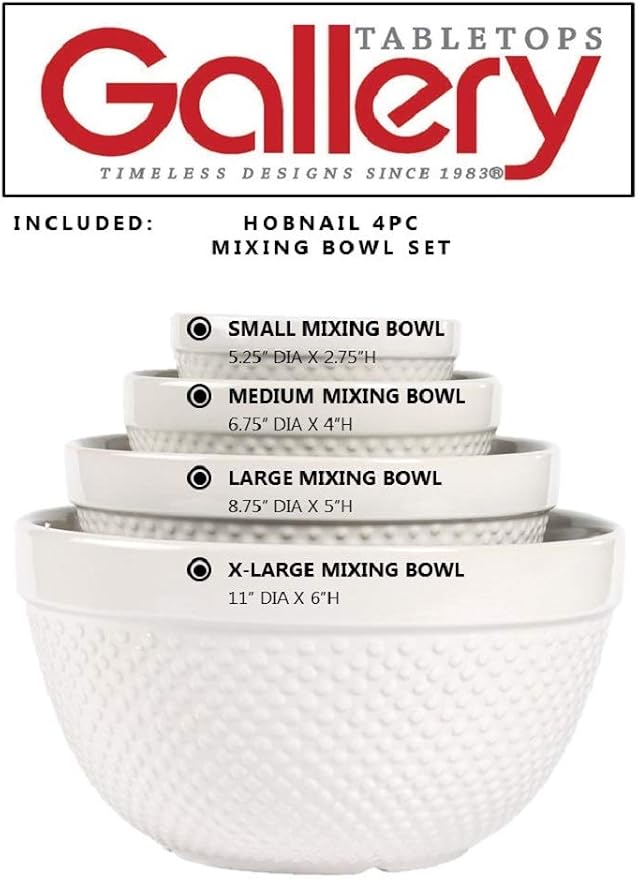 Tabletops Gallery Hobnail Style 4 Piece Classic White Stoneware Nesting Mixing - Image 4