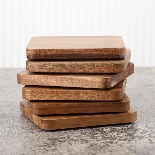 Acacia Wood Coasters with Iron Holder Stand - Image 3