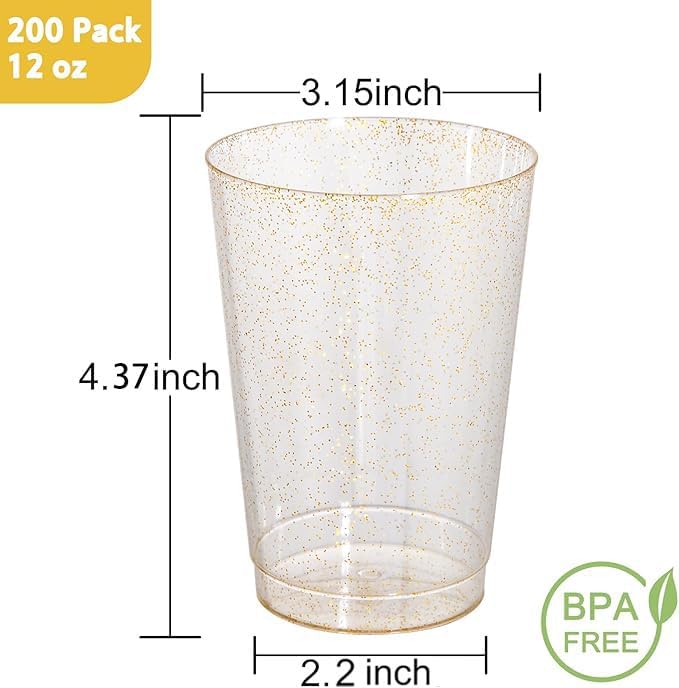 I00000 200 Pack 12 oz Gold Glitter Plastic Cups, Disposable Plastic Wine - Image 2
