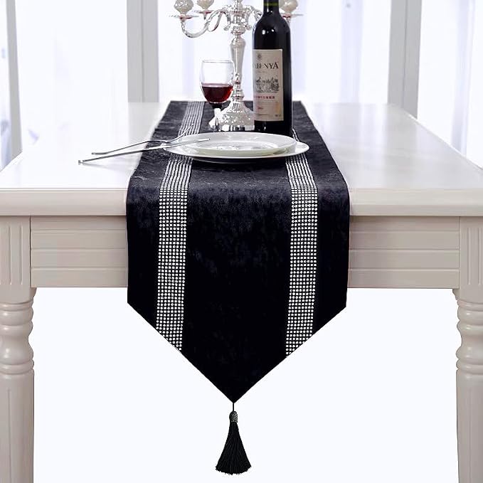 Elegant Sequin Rhinestone Black Table Runner, Ombre Velvet, Double-Layer - Image 4