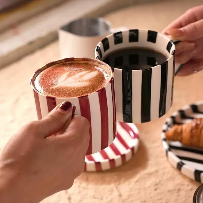 Cup and Saucer Set Hand-Painted Red Stripes, 8 Oz Ceramic Coffee Mug, Espresso - Image 4