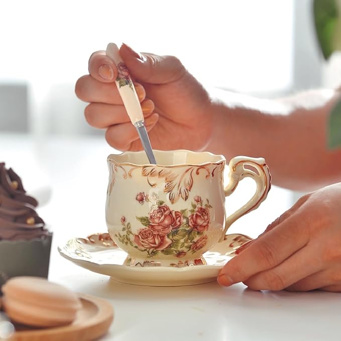 YOLIFE Tea Cup and Saucer Set, 8 OZ Pink Rose Tea Cup Set | Ivory Vintage - Image 2