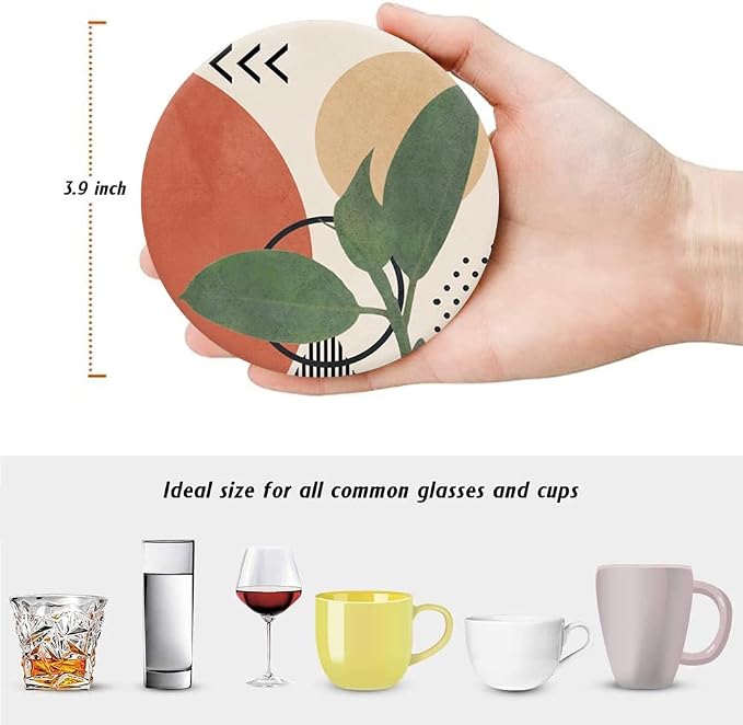 HUXJOKO Coasters for Drinks Set of 6, Modern Boho Tropical Leaves Absorbent - Image 2