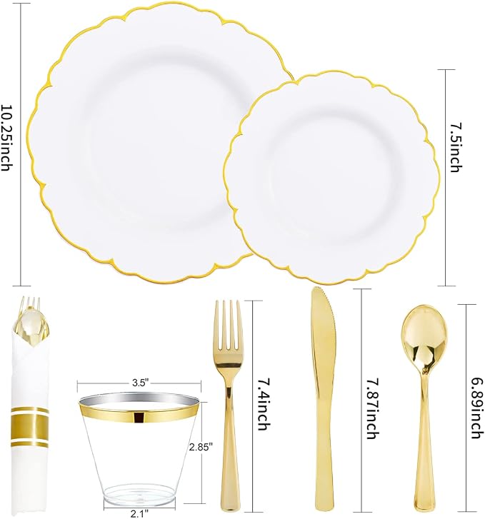 Morejoy 175PCS Gold Plastic Plates，White Gold Disposable Plates Sets | Include - Image 4