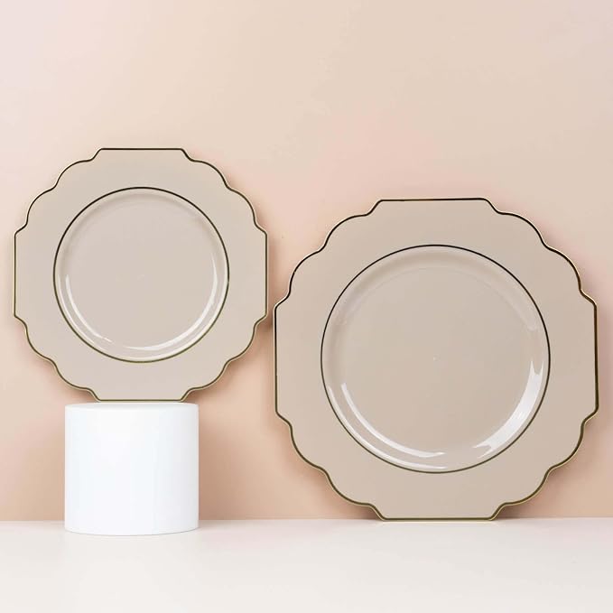 Taupe Hard Plastic Dinner Plates, 50 Pack 11" Disposable Round Baroque Plates - Image 7