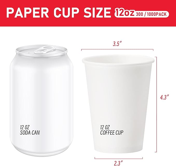 12 oz 300 Pack Paper Coffee Cups, Hot Paper Cups, Thickened Leak-Free White - Image 2