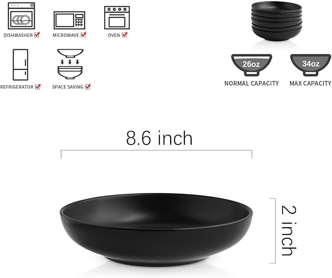 Selamica Porcelain 8.6 inch Salad Pasta Bowls Set of 6, 34 OZ Bowls Plates - Image 3