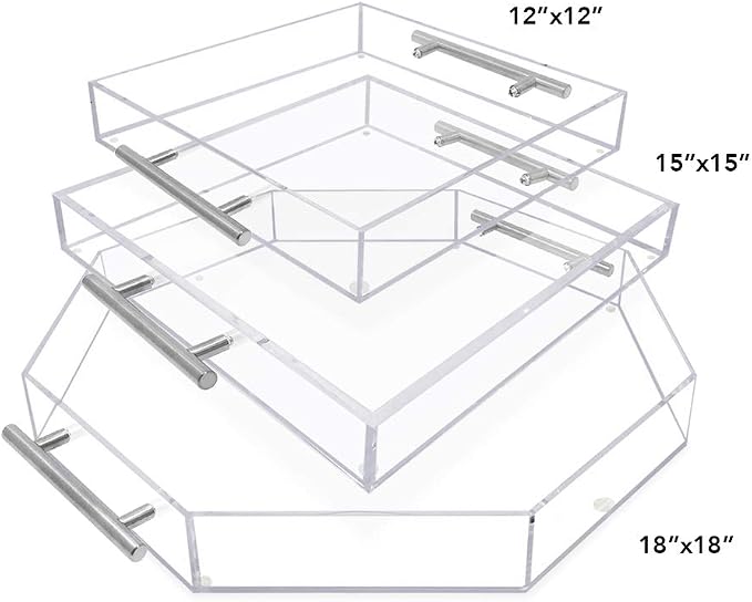 Isaac Jacobs 18x18 Clear Octagon Acrylic Serving Tray Silver Metal Handles | - Image 5