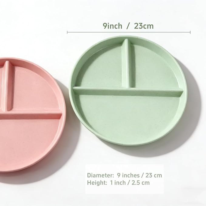 9-Inch Large Multicolor Wheat Straw Divided Plates – Unbreakable 3-Compartment - Image 3