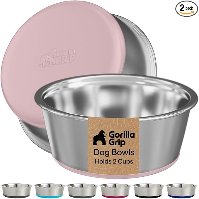 GORILLA GRIP Dog Bowls, Food Grade 304 Stainless Steel, Holds 2 Cups Each Food by Unknown