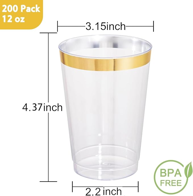 I00000 200 Pack 12 oz Gold Plastic Cups, Disposable Plastic Wine Glasses - Image 4