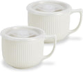 Ceramic Soup Bowl with Handle & Lid, 32oz Microwave Ramen Bowl Set of 2 | White by Hoilse