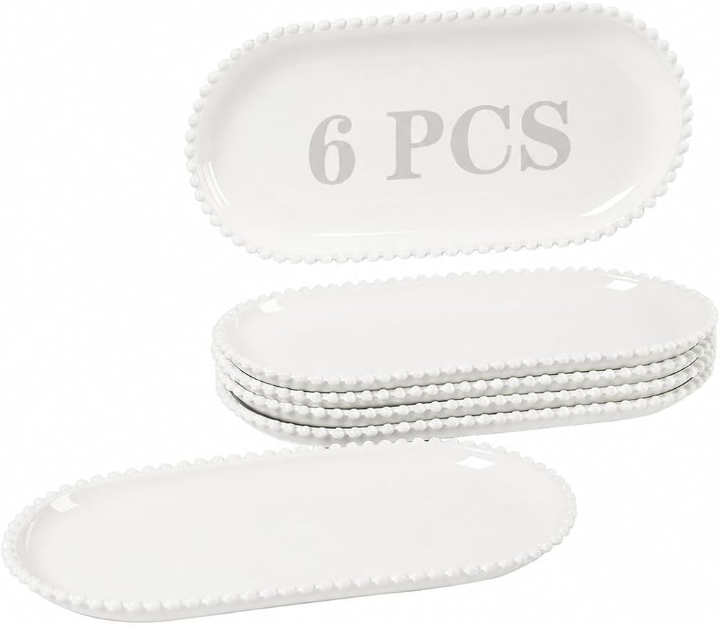 12 Inch White Porcelain Oval Serving Platters Set of 6 | Extra Large, Bead Rim by BABALIU