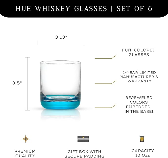 JoyJolt Hue Colorful Whiskey Set of 6, 10oz Drink Glasses, Double Old Fashioned - Image 2