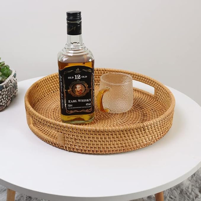Coffee Table Tray Round Rattan Ottoman Tray Woven Serving Trays - Image 4