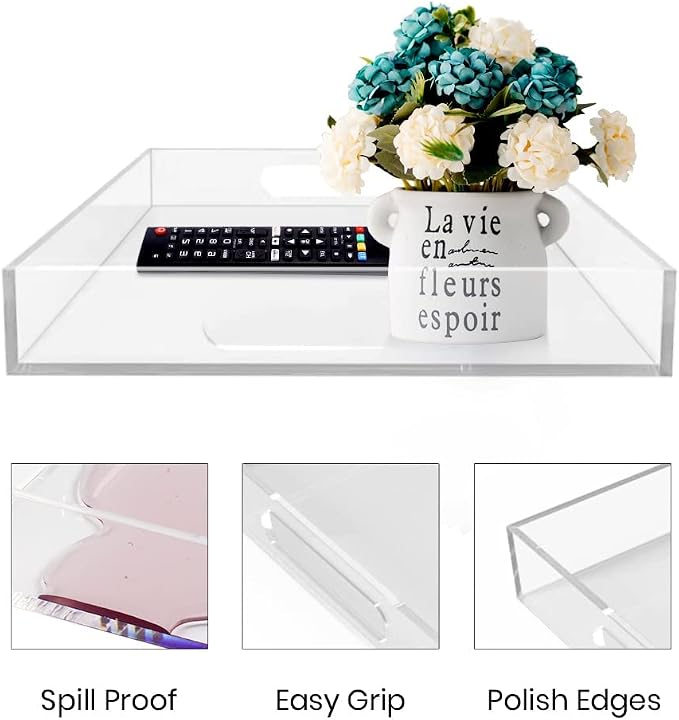 Acrylic Serving Tray with Handles -Spill Proof- Clear Decorative Tray - Image 7