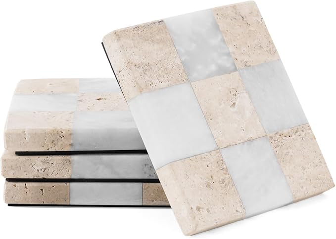 Marble Coasters Set of 4, Travertine & White Matt Handmade 4 inch Square by Earthentones