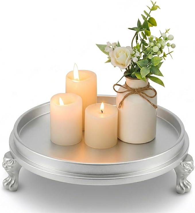 Matte Silver Decorative Tray, 11.8 Inch Round Tray by Yielycan