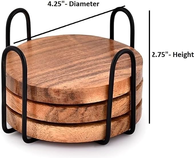 Acacia Wood Coasters with Iron Holder Stand - Image 2