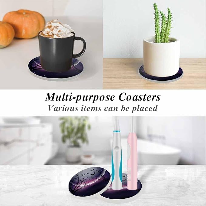 oFloral Full Moon Coasters for Drinks Bat Bare Trees Stars Shine Magic Night - Image 6