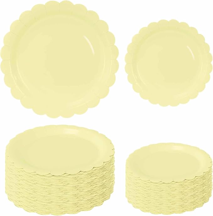 50 Pcs Yellow Scalloped Paper Plates 25 × 7'' and 25 × 9'' Disposable Yellow by FALIZIFU