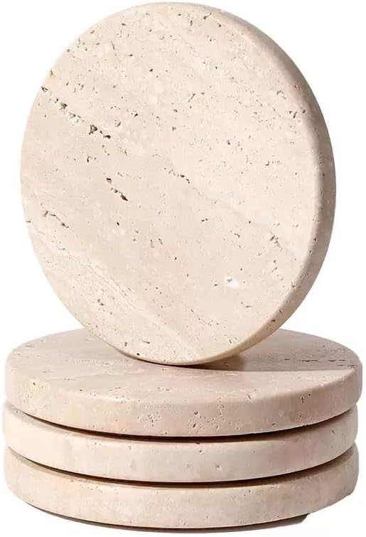 Natural Travertine Marble Coasters Set of 6-4" Square | Non-Slip Cork Backing by Unknown