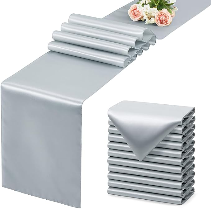 Silver Satin Table Runner, 12x108 Inches, 12 Pack | Premium Satin, Smooth by VCUSUELER