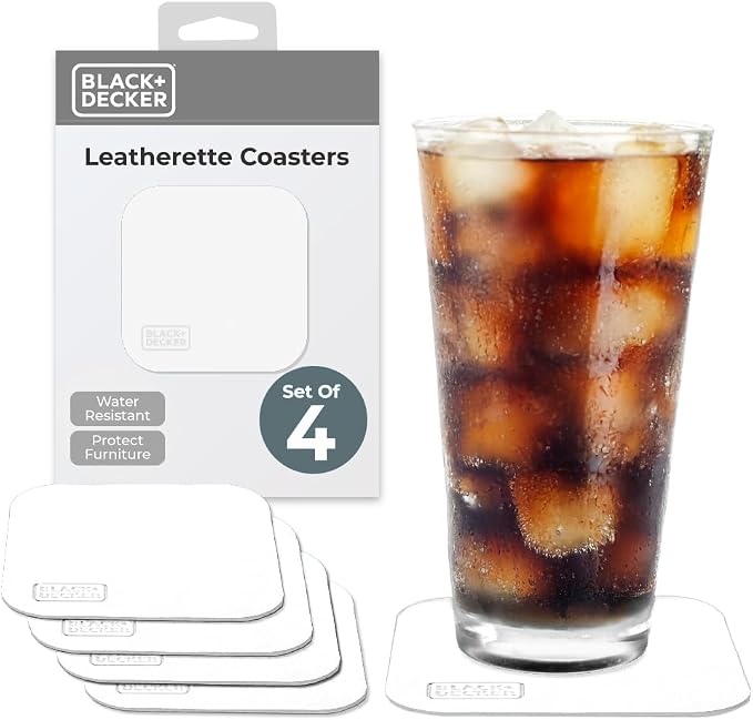 BLACK+DECKER Square Coasters Set of 4, Water-Resistant | Flexible Durable 4" by Unknown