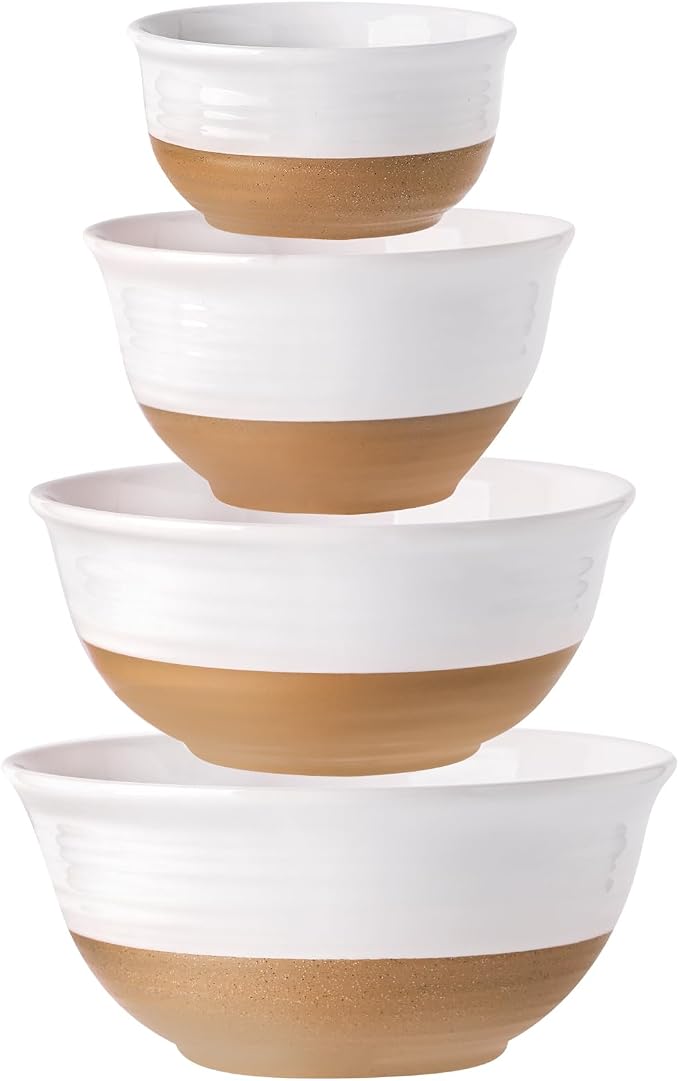 HASENSE Ceramic Serving Bowls Set of 4, 2.1/1.5/1.0/0.5 Qt White & Terracotta by Hasense