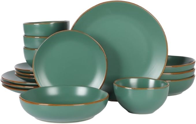Gibson Home Hazeltine 16-Piece Green Stoneware Dinnerware Set – Plates and Bowls by GibsonHomewares