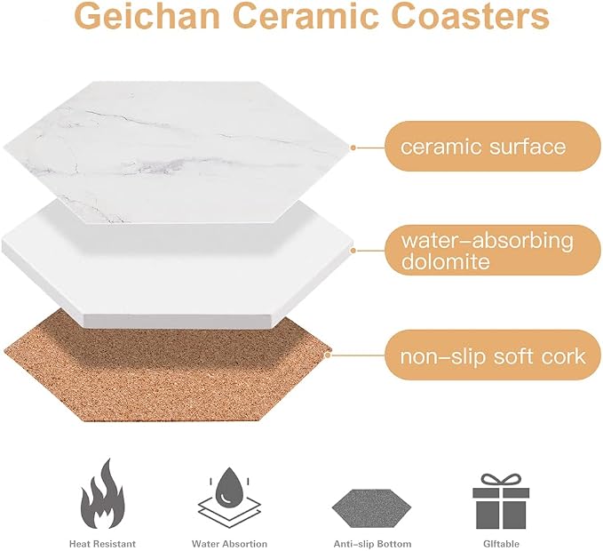 White Coasters for Drinks, Ceramic Coaster Set of 6 - Image 4