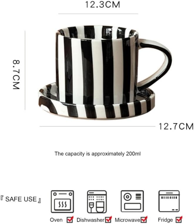 Cup and Saucer Set Hand-Painted Red Stripes, 8 Oz Ceramic Coffee Mug, Espresso - Image 6