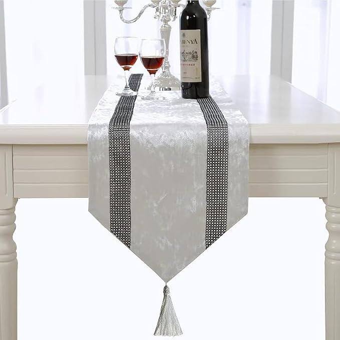 Elegant Creamy White Table Runner, Bling Rhinestone, Ombre Velvet, Dual Bling - Image 4