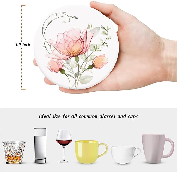 Drink Coasters for Drinks Set of 6, Watercolor X-ray Roses and Eucalyptus - Image 2